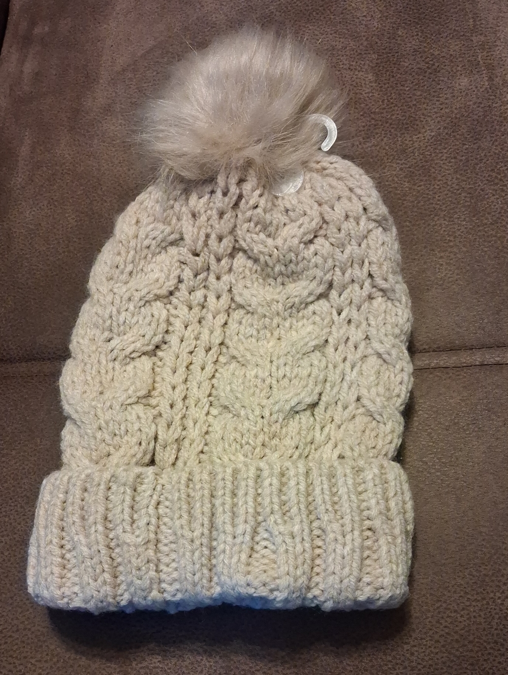Time And Tru Women's Cream Cable Knit Pom Beanie - Oatmeal Heather